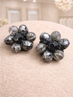 Vintage Stamped W GERMANY Black Gray Bead Cluster Stud Clip on Earrings Cocktail